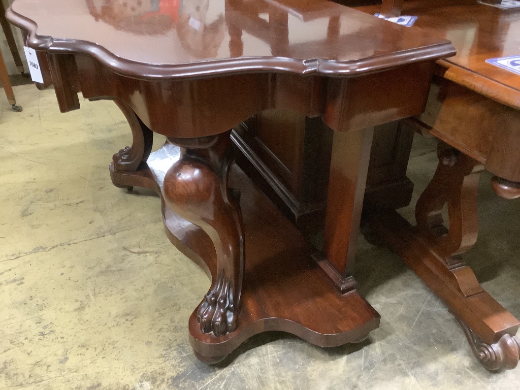 A Victorian mahogany two tier console table, width 120cm, depth 64cm, height 76cm